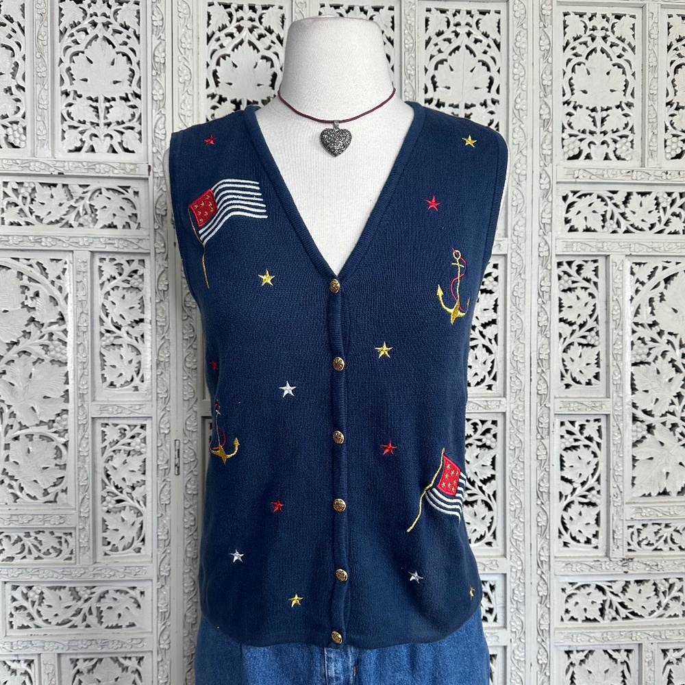 Vtg Croft & Barrow Americana USA American Flag Button Up Sweater Vest Sz Small‎